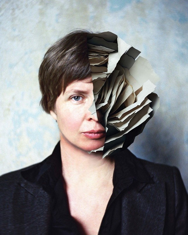 Photo-illustration with a photo of the author and half of her head replaced by torn, layered paper in a sculptural shape