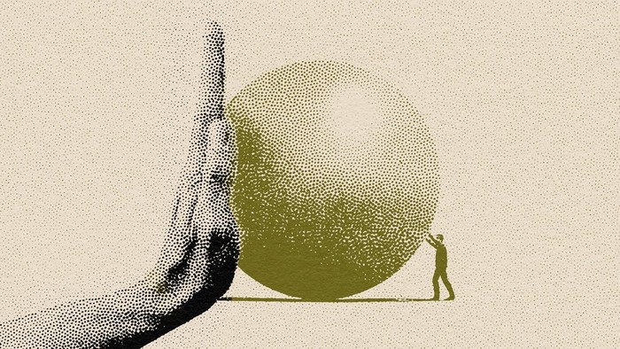 Illustration of a gold-colored ball with a little man pushing from the right and giant hand pushing from the left.