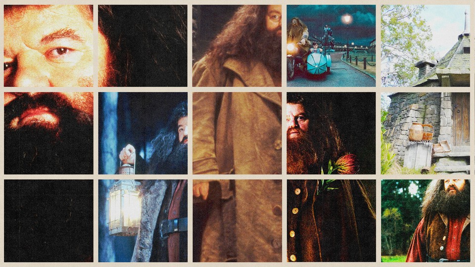 Photo illustration of different images of Robbie Coltrane as Hagrid