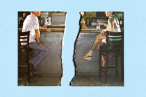 A torn photo of a man and a woman staring at each other at a bar