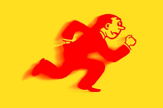 Illustration of a red man in a suit running rightward with a yellow background