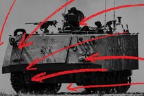 An illustration of arrows drawn over an image of a tank