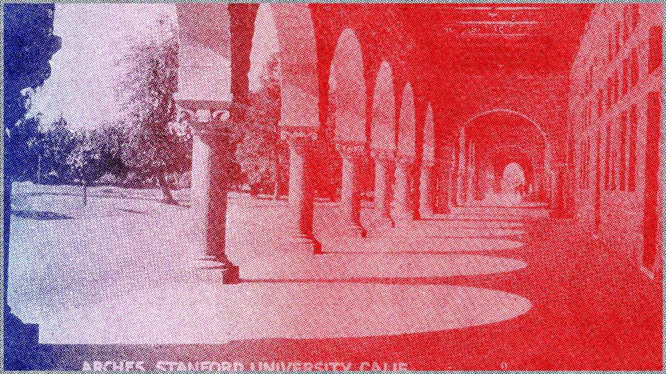 Red-tinted photo of arches at of Stanford University.