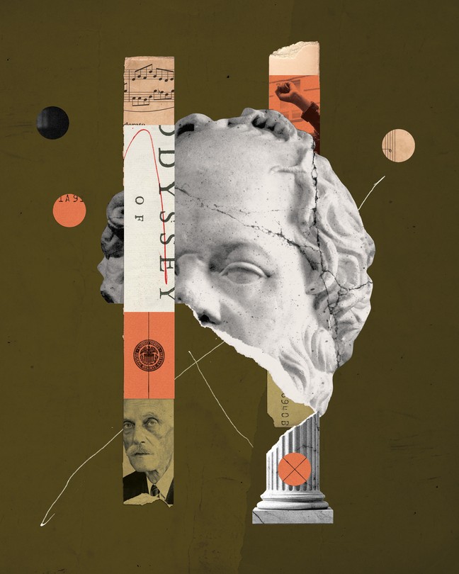 Collage-style illustration with a black-and-white photo of a person's hand outstretched to catch strips of other images raining down, including photo of Alexander, NEH logo, musical notes, money, on orange background.