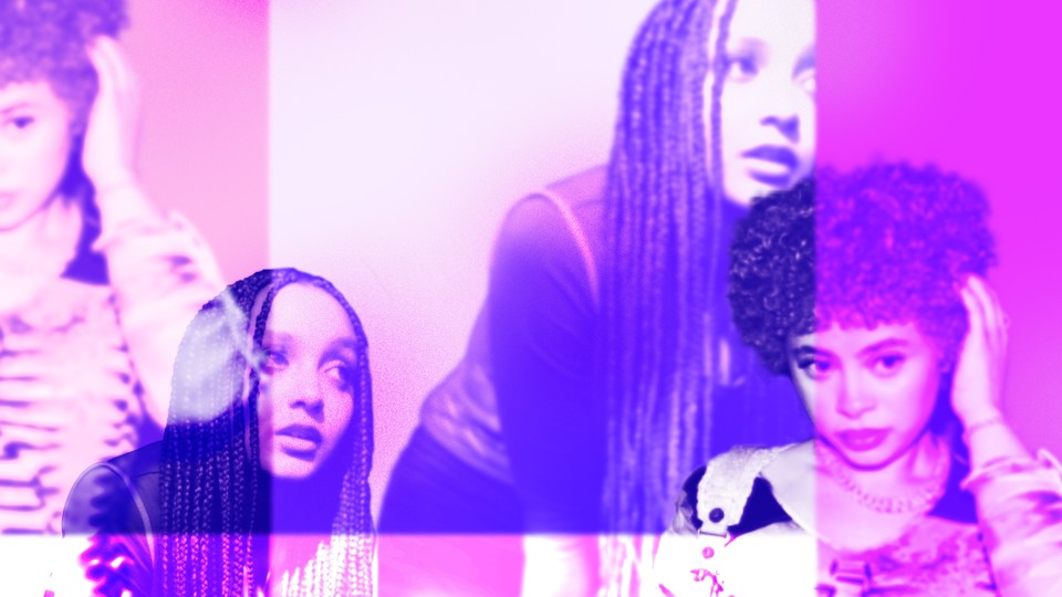 Photo illustration of Ice Spice and Pink Pantheress, images doubled, in pink and purple tones