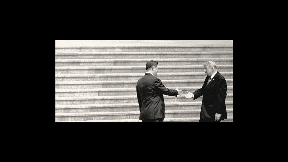 Black and white photograph of Trump and Xi shaking hands against a black background.