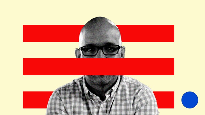 image of Matt Hawn with red stripes behind him and a red stripe covering his mouth