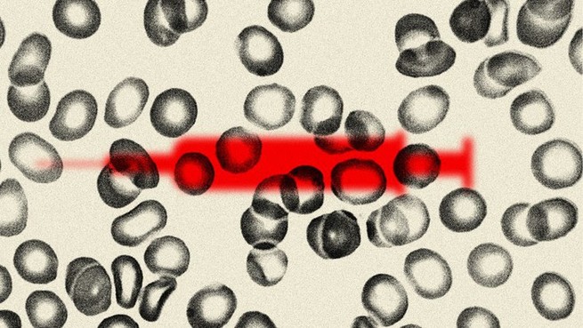 An illustration of cells and a red vaccination needle