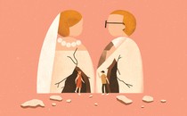 illustration in which two people stand inside crumbling bride and groom sculptures