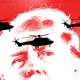 An illustration of Donald Trump's face with helicopters flying by