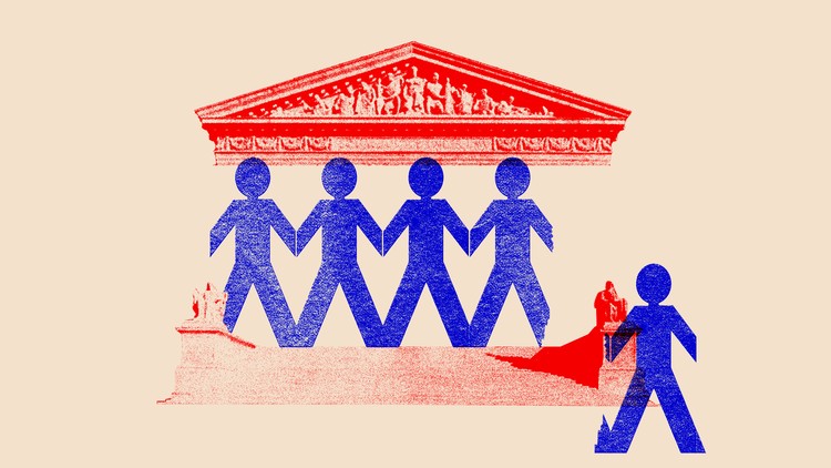 Illustration of a paper-people chain in front of the Supreme Court, with one person ripped off