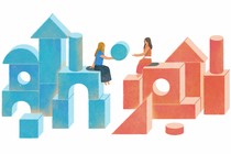 An illustration of the two friends sitting on blue and red colored building blocks.