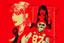 A photo collage of Travis Kelce and Taylor Swift on a red background