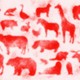 A hazy collage of different mammals silhouetted in red