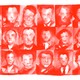 A grid of blurred faces painted in red