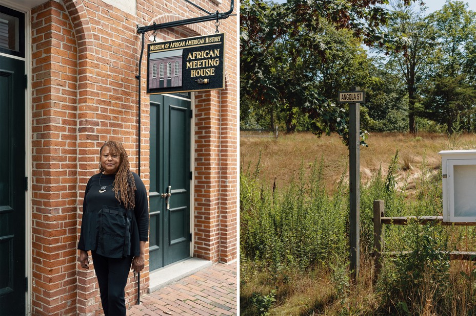 Left: L'Merchie Frazier photographed at the Museum of African American History in Boston. 2021. Right: Arthur Cooper lived on Angola Street in New Guinea Village. He was an enslaved man who found refuge on Nantucket in 1822 and co-founded Nantucket’s New Guinea community and Zion Methodist Episcopal Church. 2021