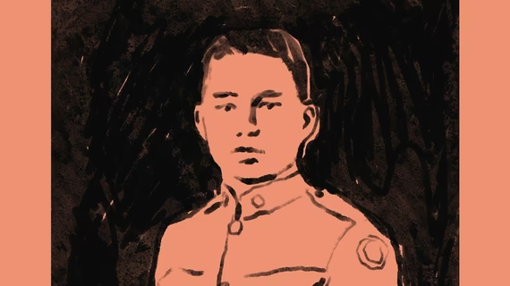 Illustration with black sketch of a man in a military uniform, on a dark-orange background.