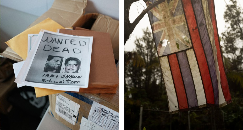 Diptych: A wanted flyer with pictures of two men sits atop files, a worn Hawaiian flag
