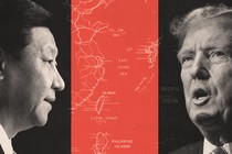 Collage showing Xi, map of Taiwan, and Trump