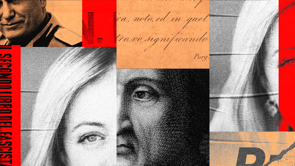 collage of Giorgia Meloni, Dante, Mussolini