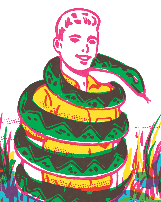 retro 1950s-style brightly colored illustration of smiling boy in tall grass surrounded by coiled green snake