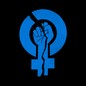 An illustration of a cracked blue feminism symbol (a raised fist surrounded by a Venus symbol)