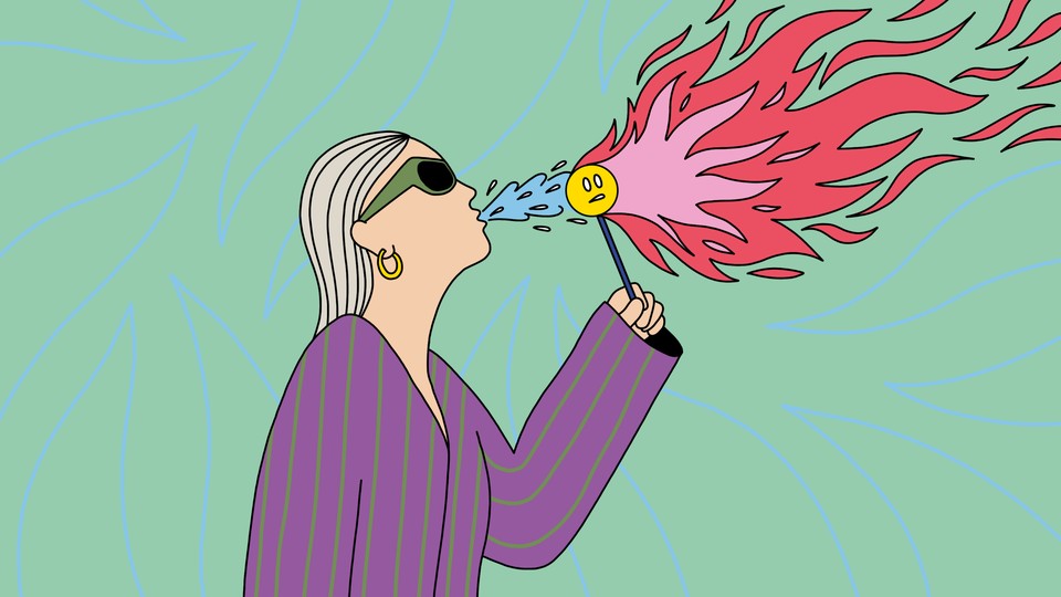 Illustration of a woman spitting water on a burning, frowning face