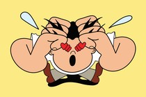A cartoon illustration of a person with many hearts for eyes, pulling at their hair in excitement.