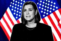 Photo-illustration of Elissa Slotkin in front of American flags