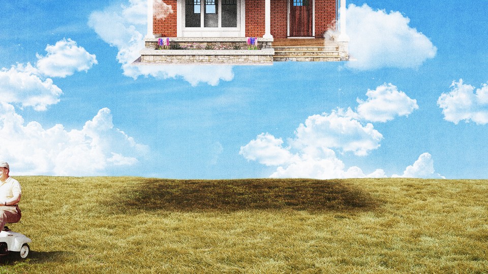 A photo illustration of a levitating house to symbolize rising rents.