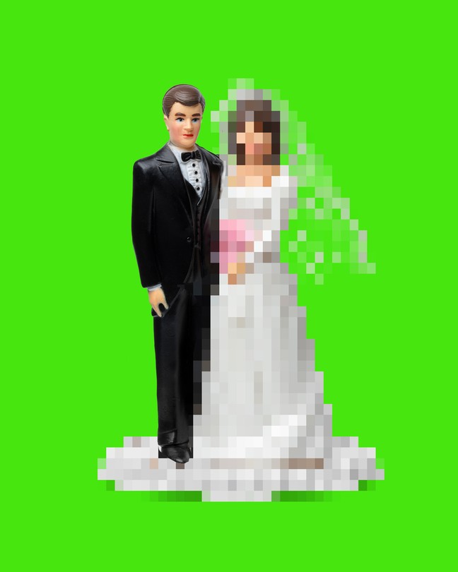 Illustration of a traditional wedding-cake topper against a green background: a man in a black tuxedo and a blurry/pixelated woman in a white wedding dress