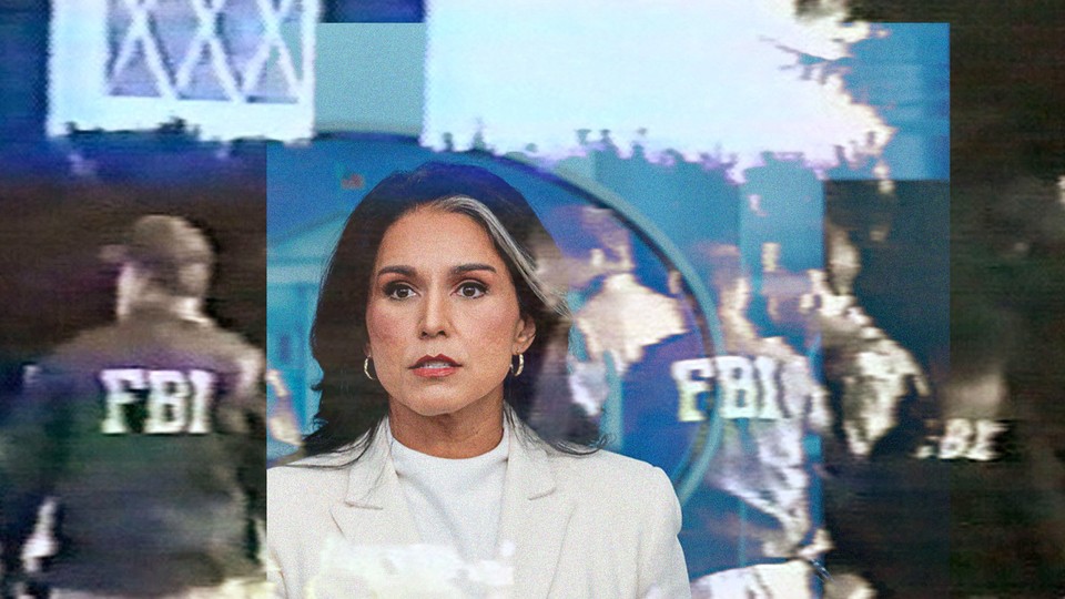 Photo of Tulsi Gabbard in a white jacket speaking in front of the White House seal, overlayed with a blurry photo of men wearing FBI windbreakers