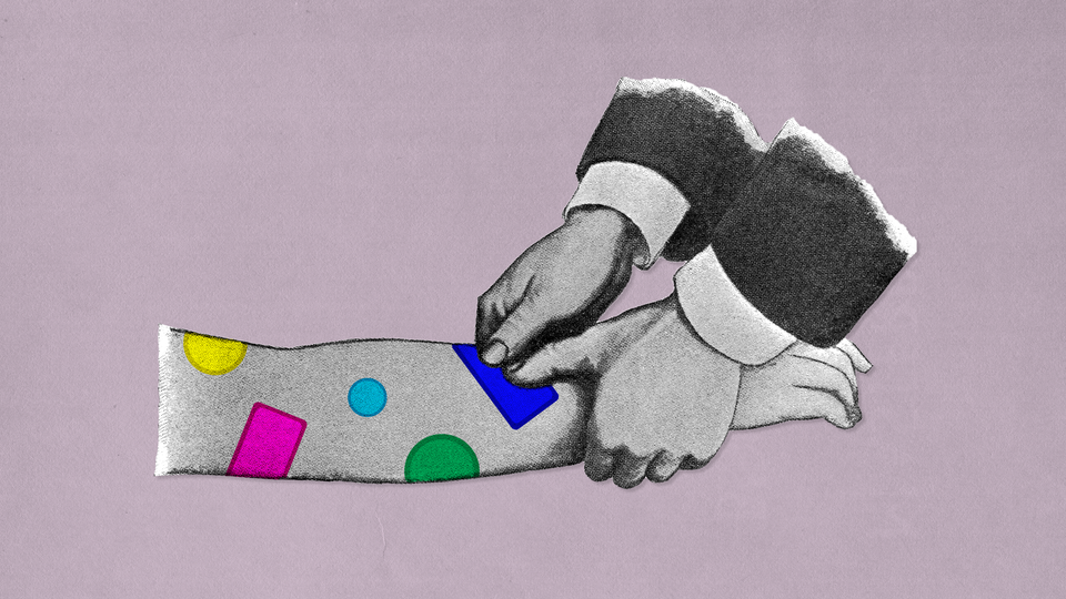 Collage of a person's hands placing several multicolored stickers onto a second person's arm.