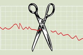 Clip art scissors cut through a red line graph