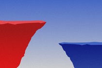 Illustration of red and blue cliffs of differing heights, with a horizontal gap in between the two