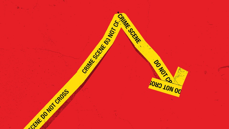 Illustration of an arrow spiking up then down, made up of yellow tape with "Crime Scene Do Not Cross" written across.