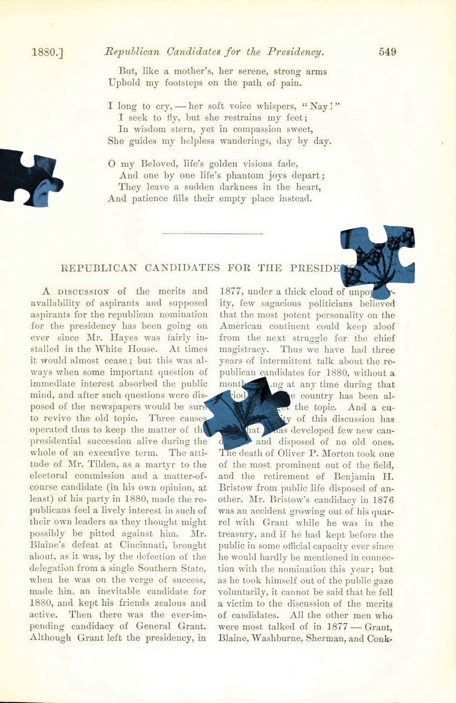 page de magazine originale avec des pièces de puzzle bleues peintes