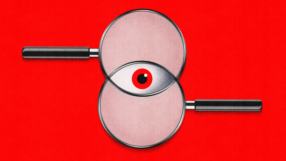Illustration showing two overlapping magnifying glasses, the intersection of the two circles producing the shape of a red eye.