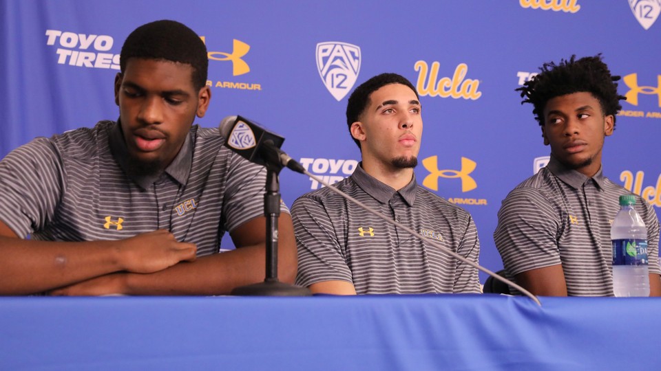 Cody Riley, LiAngelo Ball, and Jalen Hill speak at a press conference after returning to the United States on Wednesday.