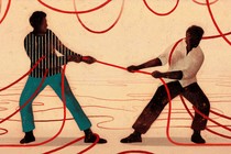 Illustration showing two men facing each other and trying to pull a long, tangled red rope towards themselves