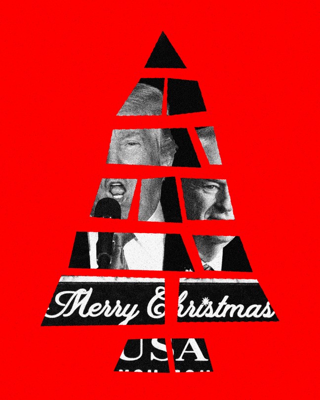 Illustration of Donald Trump and "Merry Christmas USA" arranged into a Christmas-tree shape