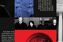 Collage showing the Supreme Court justices, parts of the Supreme Court building, the seal of North Carolina, and the text of some of the relevant constitutional passages