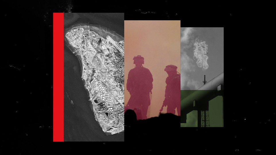 Illustration with photos of Kharg Island, soldiers, and oil pipes with a gas flare nearby