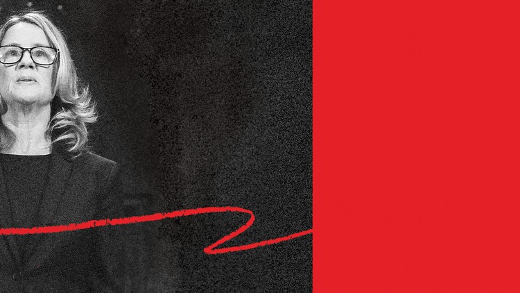 A graphic illustration featuring a black-and-white photo of Christine Blasey Ford on the left and a bright-red swatch on the right; a bright-red pen squiggle connects them.