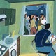 A colorful illustration of a man eating alone in his home as a group of friends walk by his window laughing