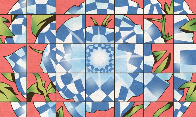 A blue-and-white checkerboard-patterned flower