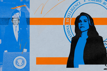 An illustration of Tulsi Gabbard, Donald Trump, and the Director of National Intelligence seal.