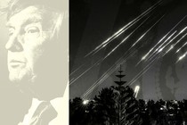 An illustration of President Trump next to an image of missiles fired from Iran in the night sky over Jerusalem