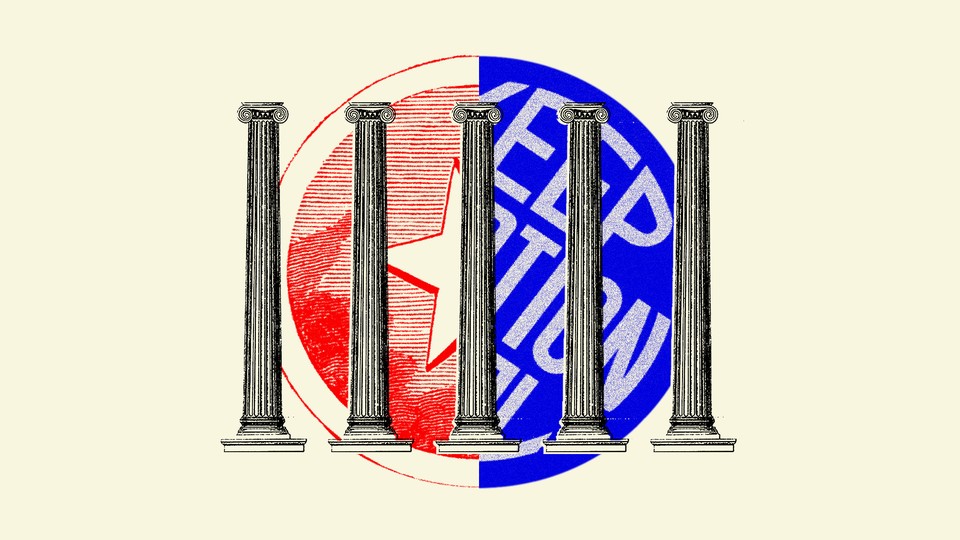 Artwork depicting black and white roman columns overlaid on a circle made up of half of the Texas state flag and half of a blue 'Keep Abortion Legal' sign.