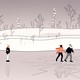 An illustration of a man and a woman holding hands while ice-skating, while another woman watches on.